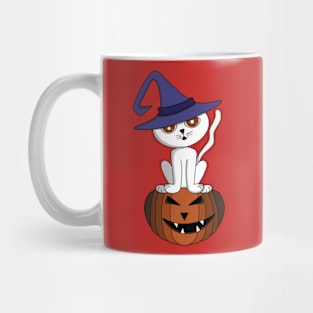 Charming kitten over a halloween pumpkin Mug